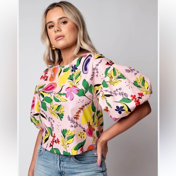 TCEC Arielle Colorful Fruit Lemon Floral Print Blouse Pink Tropical Top; Cotton - Picture 3 of 8